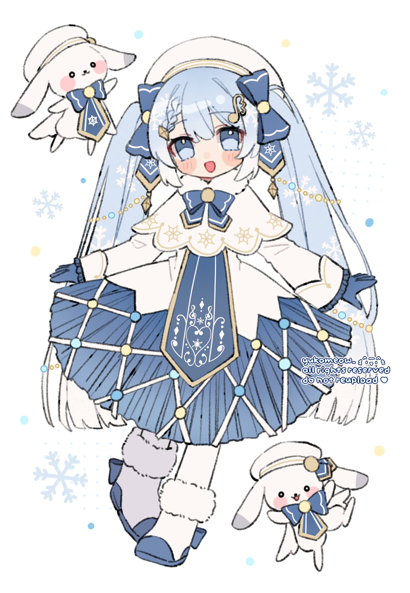 yukomeow, hatsune miku, rabbit yukine, yuki miku, yuki miku (2021), vocaloid, commentary, highres, symbol-only commentary, 1girl, :d, artist name, blue bow, blue bowtie, blue eyes, blue gloves, blue hair, blue skirt, blush stickers, boots, bow, bowtie, capelet, double-parted bangs, full body, fur-trimmed boots, fur trim, gloves, hair between eyes, hair bow, hat, long hair, long sleeves, looking at viewer, open mouth, pantyhose, rabbit, shirt, simple background, skirt, smile, solo, standing, twintails, watermark, white background, white boots, white capelet, white hat, white pantyhose, white shirt
