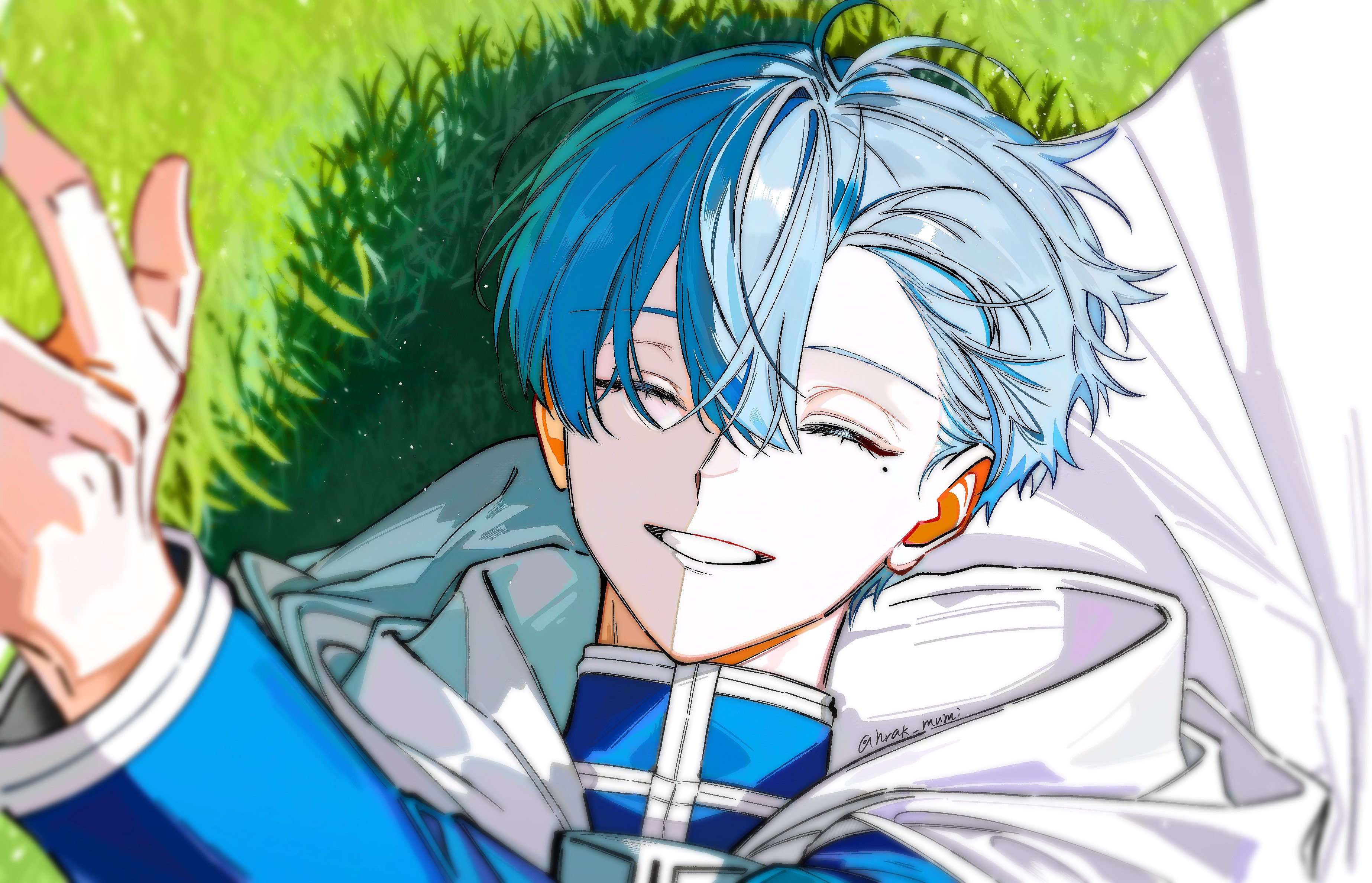 hrak mumi, himmel (sousou no frieren), sousou no frieren, absurdres, commentary request, highres, 1boy, blue hair, cloak, grin, hair between eyes, lying, male focus, on back, on grass, short hair, smile, solo, twitter username, white cloak