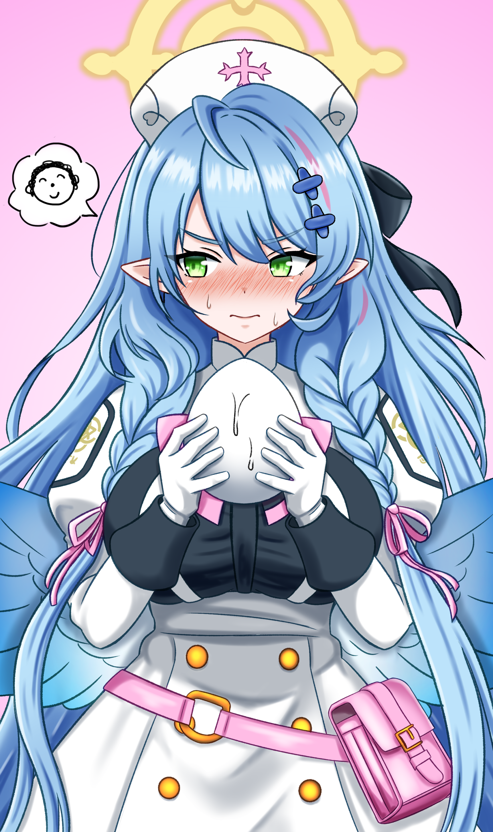 jinsei owakon yarou, doodle sensei (blue archive), mine (blue archive), sensei (blue archive), blue archive, absurdres, commentary request, highres, 1girl, ahoge, bag, blue hair, blush, braid, breasts, egg, feathered wings, gloves, gradient background, green eyes, hair ornament, halo, hat, holding, holding egg, huge breasts, implied egg laying, juliet sleeves, long hair, long sleeves, looking to the side, low wings, multicolored hair, nervous sweating, nurse, nurse cap, pink ribbon, pointy ears, puffy sleeves, ribbon, simple background, speech bubble, sweat, twin braids, white gloves, white hat, wings, x hair ornament, yellow halo