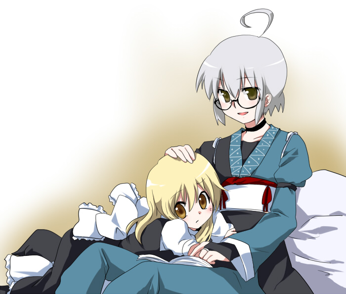 marimo danshaku, kirisame marisa, morichika rinnosuke, curiosities of lotus asia, touhou, silver hair, bad id, bad pixiv id, 1boy, 1girl, ahoge, blonde hair, book, couple, glasses, hand on another's head, headpat, hetero, japanese clothes, long hair, no headwear, yellow eyes