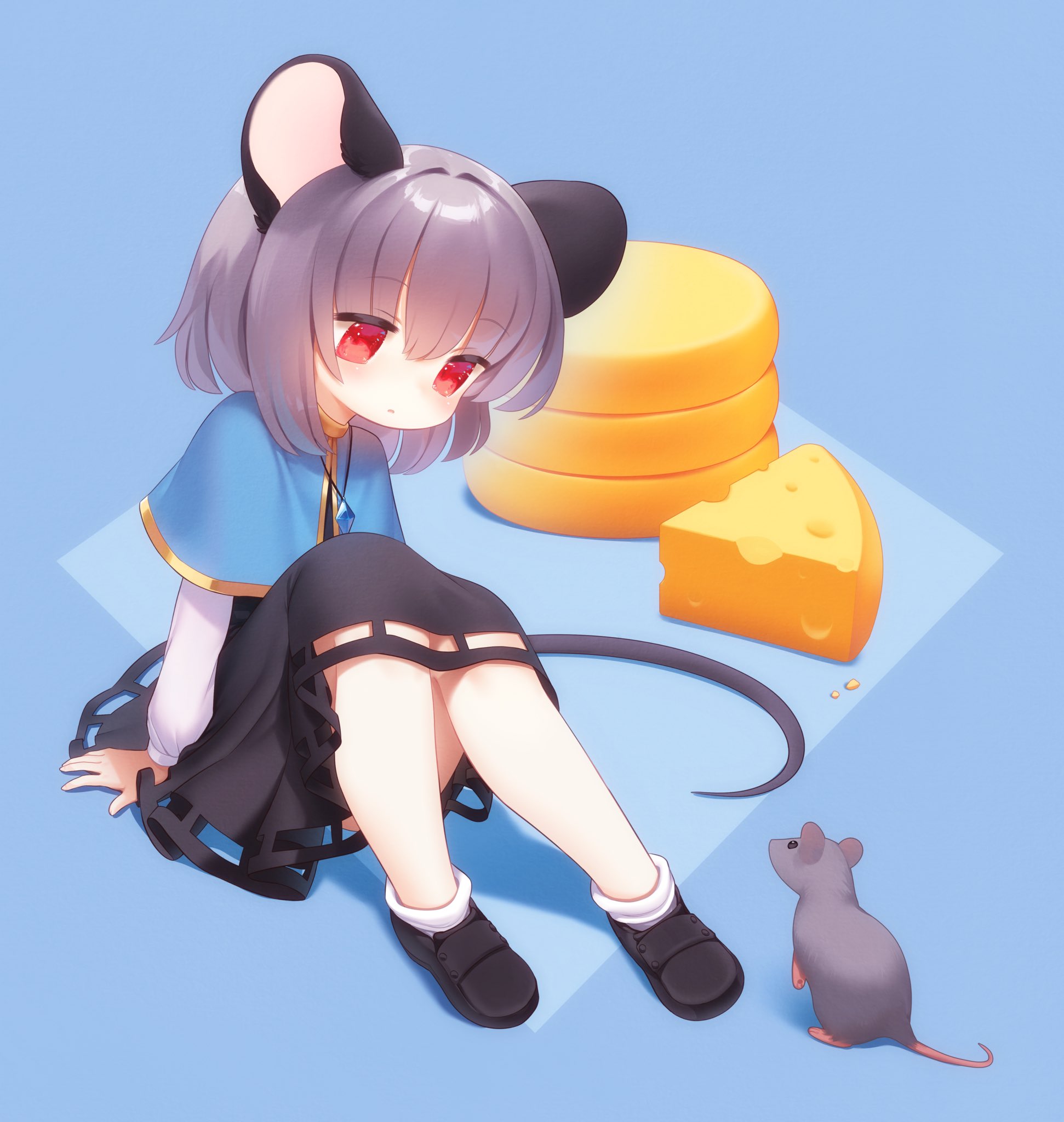 protodesu, original, blue gem, commentary, highres, symbol-only commentary, 1girl, animal, arms at sides, black dress, black shoes, black tail, blue background, blue capelet, bob cut, capelet, cheese, cheese wheel, closed mouth, dot mouth, dress, eye contact, food, gem, gold trim, grey hair, jewelry, jitome, knees together feet apart, knees up, long sleeves, looking at animal, looking at another, mouse (animal), mouse girl, necklace, pendant, petite, pleated dress, rearing, red eyes, shirt, shoes, sitting, socks, socks rolled down, solo, white sleeves, white socks