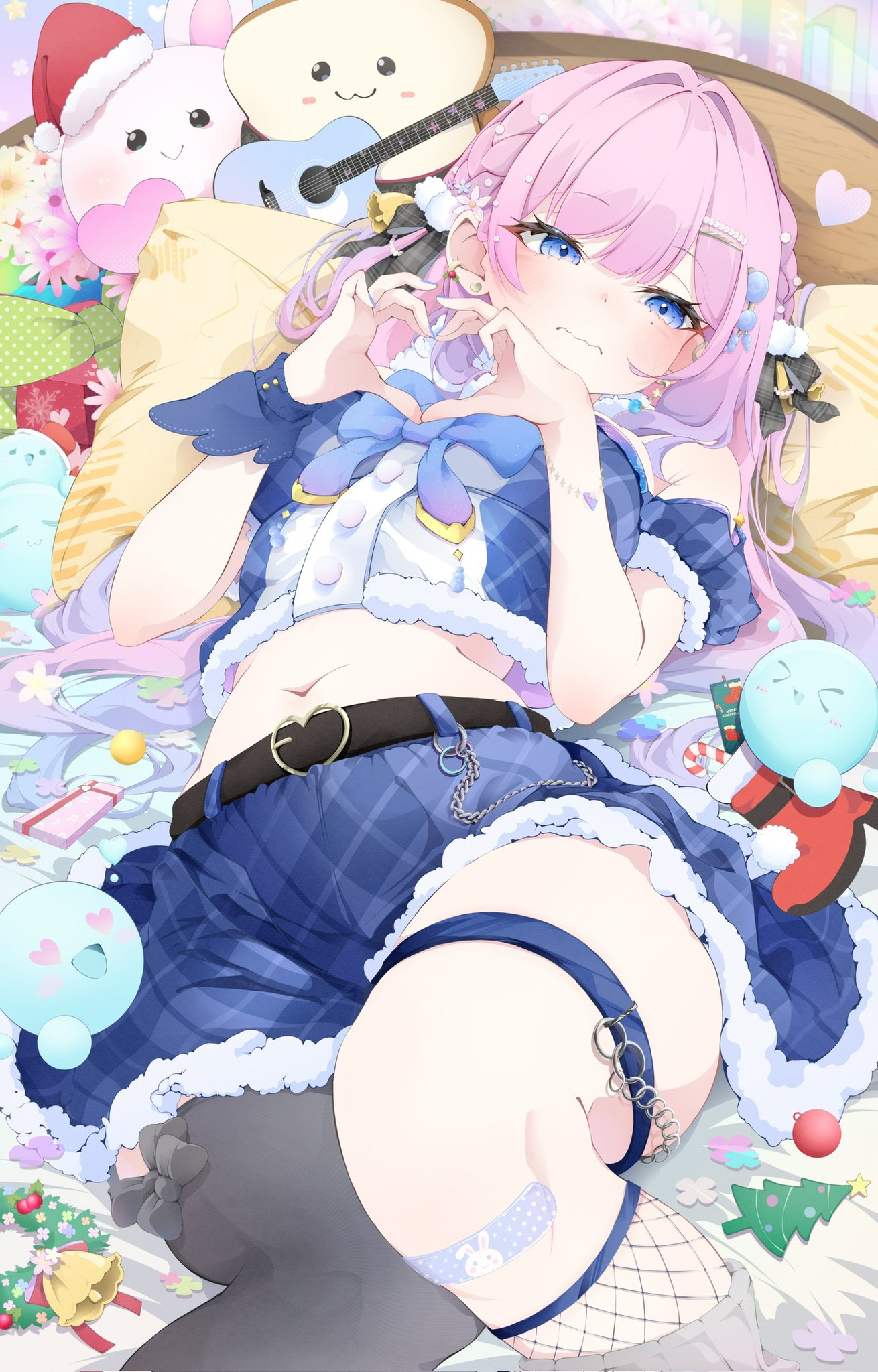 knr rer, indie virtual youtuber, commentary request, commission, highres, second-party source, 1girl, bare shoulders, belt, blue bow, blue eyes, blue shirt, blue skirt, blue wrist cuffs, bow, christmas wreath, crop top, fishnets, fur-trimmed shirt, fur-trimmed skirt, fur trim, grey bow, grey thighhighs, hair bow, hair ornament, heart, heart hands, long hair, looking to the side, lying, midriff, navel, off-shoulder shirt, off shoulder, on back, on bed, pillow, pink hair, plaid bow, shirt, short sleeves, single thighhigh, single wrist cuff, skirt, solo, stuffed toy, tansansui (vtuber), thigh strap, thighhighs, virtual youtuber, wreath, wrist cuffs