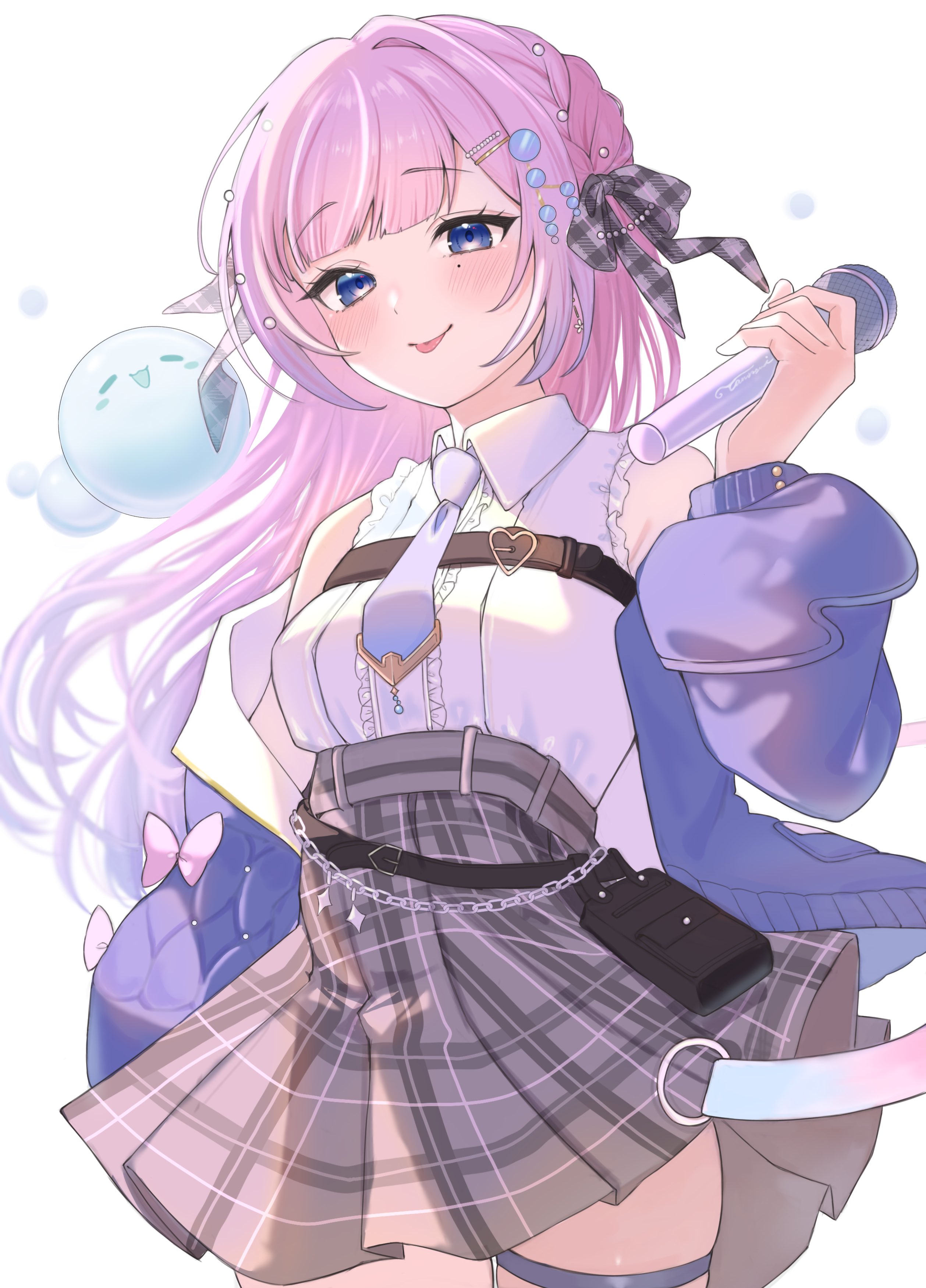 39m27, indie virtual youtuber, absurdres, commentary request, highres, 1girl, bag, bare shoulders, blue eyes, blue jacket, blue necktie, bow, collared shirt, grey bow, grey skirt, hair bow, hair ornament, high-waist skirt, holding, holding microphone, jacket, long hair, long sleeves, looking at viewer, microphone, necktie, off shoulder, open clothes, open jacket, pink hair, plaid bow, plaid clothes, plaid skirt, shirt, simple background, skirt, sleeveless, sleeveless shirt, solo, tansansui (vtuber), tongue, tongue out, virtual youtuber, white background, white shirt