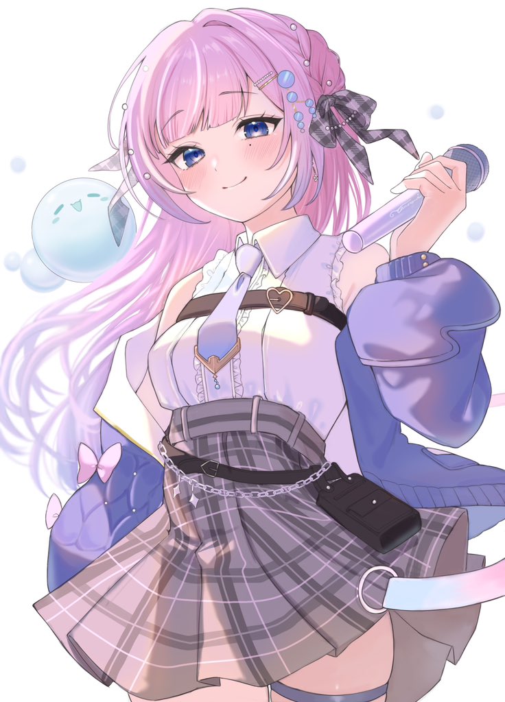 39m27, indie virtual youtuber, commentary request, commission, second-party source, skeb commission, 1girl, bag, bare shoulders, blue eyes, blue jacket, blue necktie, bow, collared shirt, grey bow, grey skirt, hair bow, hair ornament, high-waist skirt, holding, holding microphone, jacket, long hair, long sleeves, looking at viewer, microphone, necktie, off shoulder, open clothes, open jacket, pink hair, plaid bow, plaid clothes, plaid skirt, shirt, simple background, skirt, sleeveless, sleeveless shirt, smile, solo, tansansui (vtuber), virtual youtuber, white background, white shirt