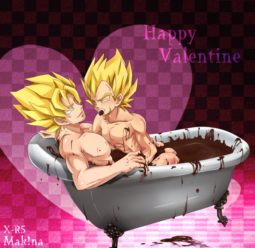 x-r5xxxlove, son goku, vegeta, dragon ball, dragonball z, 2boys, bathtub, chocolate, male focus, multiple boys, muscular, nude, super saiyan, valentine, yaoi