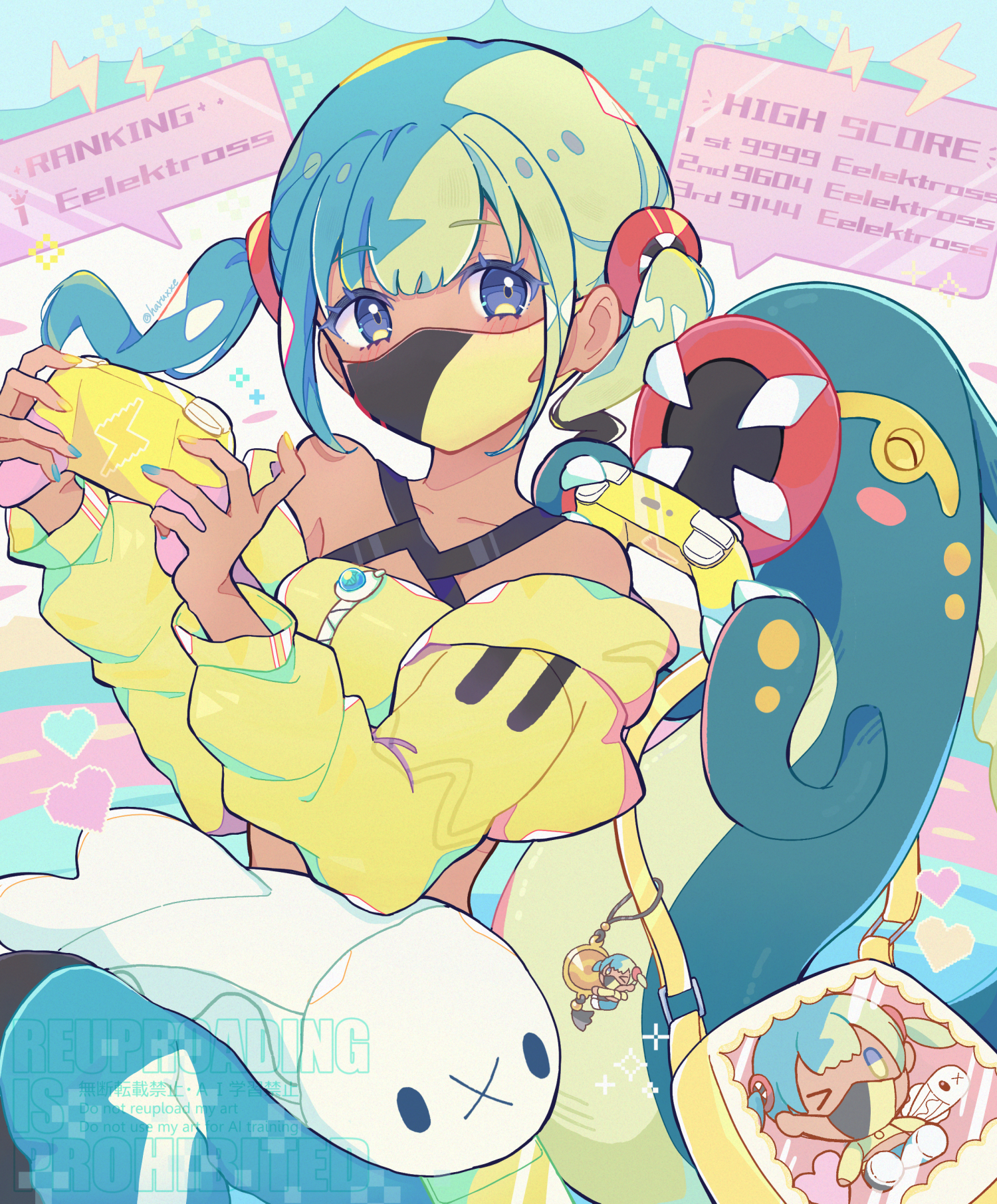 haru (haruxxe), canari (pokemon), eelektross, tynamo, nintendo, pokemon, pokemon legends: z-a, commentary request, highres, 1girl, aqua hair, bag, bag charm, bandeau, bare shoulders, black mask, blonde hair, blue eyes, blush, breasts, canari plush (pokemon), character charm, charm (object), closed eyes, collarbone, controller, criss-cross straps, crop top, dark-skinned female, dark skin, english text, fangs, game controller, gen 5 pokemon, heart, holding, holding controller, holding game controller, jacket, lightning bolt symbol, long sleeves, looking at viewer, mask, mega stone, mouth mask, multicolored hair, open mouth, pokemon (creature), short twintails, shoulder bag, smile, speech bubble, split-color hair, sports bra, twintails, two-tone hair, two-tone mask, yellow bandeau, yellow jacket, yellow mask, yellow sports bra