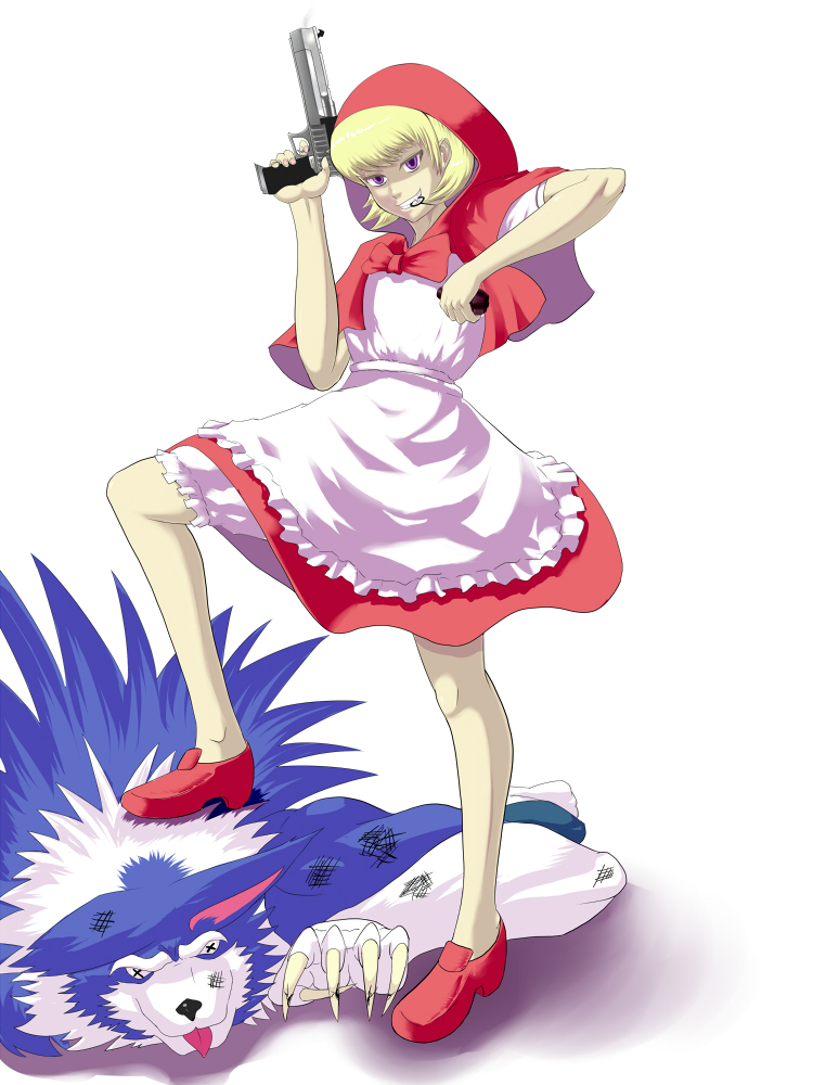 mono (john doe), mono (monotonerhythm), b.b. hood, jon talbain, capcom, darkstalkers, 1girl, animal ears, blonde hair, desert eagle, explosive, furry, furry male, grenade, grin, gun, handgun, purple eyes, smile, tongue, weapon, werewolf, wolf ears, x x