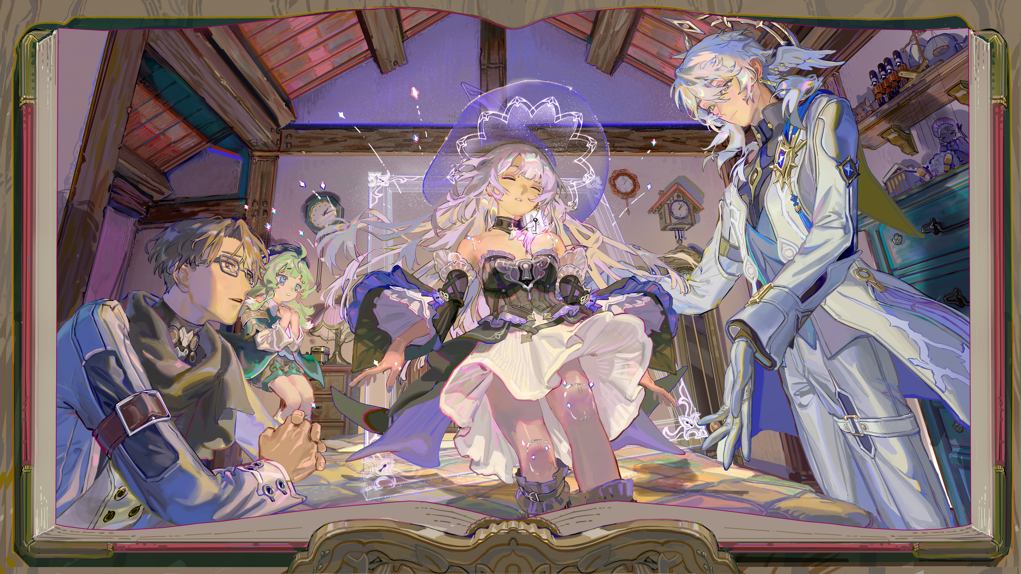 tamomoko, herta (honkai: star rail), huohuo (honkai: star rail), sunday (honkai: star rail), sunday (sacerdos' relived ordeal) (honkai: star rail), the herta (honkai: star rail), welt yang, honkai: star rail, honkai (series), pinocchio (disney movie), absurdres, commentary, english commentary, highres, 2boys, 2girls, analog clock, animal ears, ascot, bare shoulders, black dress, black scarf, black shirt, blue coat, book, book stand, boots, brown hair, clock, closed eyes, closed mouth, coat, control bar, cuckoo clock, detached sleeves, doll, doll joints, drawer, dress, feet out of frame, floating, fox ears, fox girl, glasses, gloves, glowing, grandfather clock, green eyes, green hair, green jacket, green shorts, grey hair, grey jacket, grey shirt, grey vest, hair between eyes, halo, halo behind head, hat, head wings, indoors, interlocked fingers, jacket, jewelry, joints, key, key necklace, knee boots, long hair, long sleeves, medium dress, medium hair, mini person, minigirl, multiple boys, multiple girls, nail polish, necklace, open book, open clothes, open coat, open hand, own hands together, pants, parody, parted lips, puppet strings, purple hat, purple nails, scarf, scene reference, shelf, shirt, short hair, shorts, sitting, sleeve cuffs, sleeve garter, smile, spiked halo, standing, strapless, strapless dress, table, tassel, tearing up, thigh strap, toy soldier, turtleneck, turtleneck shirt, two-sided coat, two-sided fabric, two-tone dress, upper body, very long hair, vest, white ascot, white coat, white dress, white gloves, white pants, white wings, wide sleeves, wings, witch hat, yellow eyes