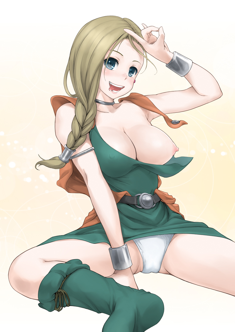 aoten, bianca (dq5), dragon quest, dragon quest v, square enix, 1girl, :p, n/, belt, blonde hair, boots, braid, breast slip, breasts, covered erect nipples, female focus, freckles, hair over shoulder, knee boots, large breasts, long hair, looking at viewer, nipples, no shoes, one breast out, panties, pantyshot, simple background, sitting, socks, solo, spread legs, tongue, tongue out, tunic, underwear, upskirt, wardrobe malfunction, white background, white panties