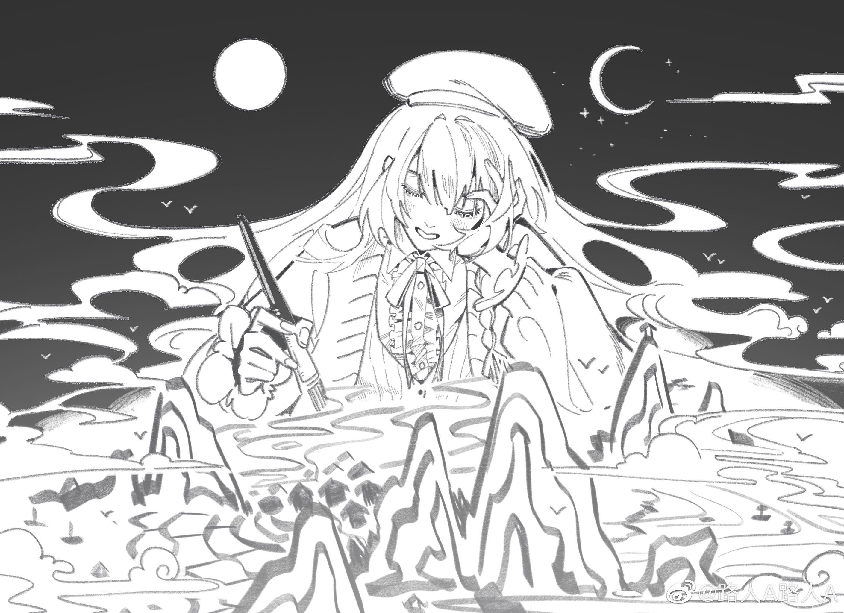 crabwzzzz, heroine (lovebrush chronicles), lovebrush chronicles, chinese commentary, commentary, highres, 1girl, :d, beret, bird, black background, blush, braid, cardigan, center frills, closed eyes, cloud, collared shirt, crescent moon, dissolving, elbow rest, facing viewer, frills, full moon, giant, giantess, greyscale, hair between eyes, hat, head rest, holding, holding paintbrush, house, long hair, long sleeves, monochrome, moon, mountain, neck ribbon, night, open cardigan, open clothes, open mouth, paintbrush, ribbon, shirt, side braid, smile, smoke, solo, straight-on, upper body, very long hair, vest, watermark, weibo watermark, xiangyun