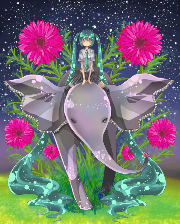 508, hatsune miku, vocaloid, absurdly long hair, aqua eyes, aqua hair, elephant, flower, long hair, necktie, no mouth, skirt, solo, star (symbol), twintails, very long hair