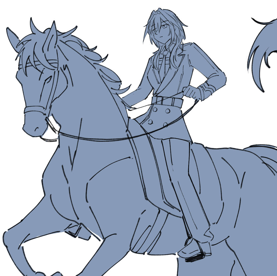 ouro kronii, hololive, hololive english, commentary, english commentary, 1girl, bridle, hair intakes, holding, holding reins, horse, horseback riding, monica mtna, reins, riding, short hair, virtual youtuber