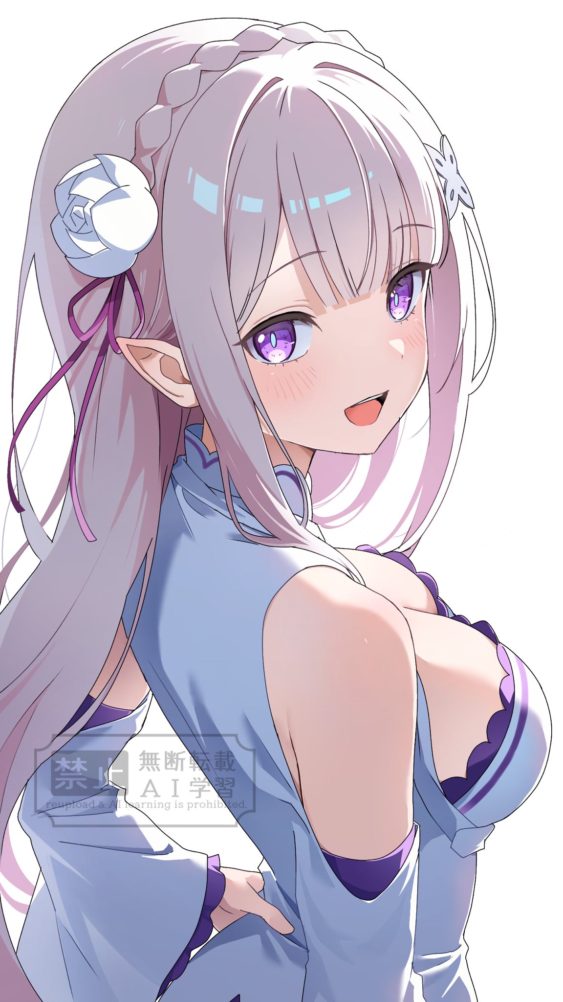 bagworm (mirahuru), emilia (re:zero), re:zero kara hajimeru isekai seikatsu, commentary request, highres, 1girl, arched back, bare shoulders, blush, braid, breasts, cleavage cutout, clothing cutout, crown braid, downblouse, dress, elf, flower, grey hair, hair flower, hair ornament, hair ribbon, hand on own hip, long hair, long sleeves, looking at viewer, medium breasts, open mouth, pointy ears, purple eyes, purple ribbon, ribbon, shoulder cutout, simple background, smile, solo, upper body, watermark, white background, white dress, wide sleeves, x hair ornament
