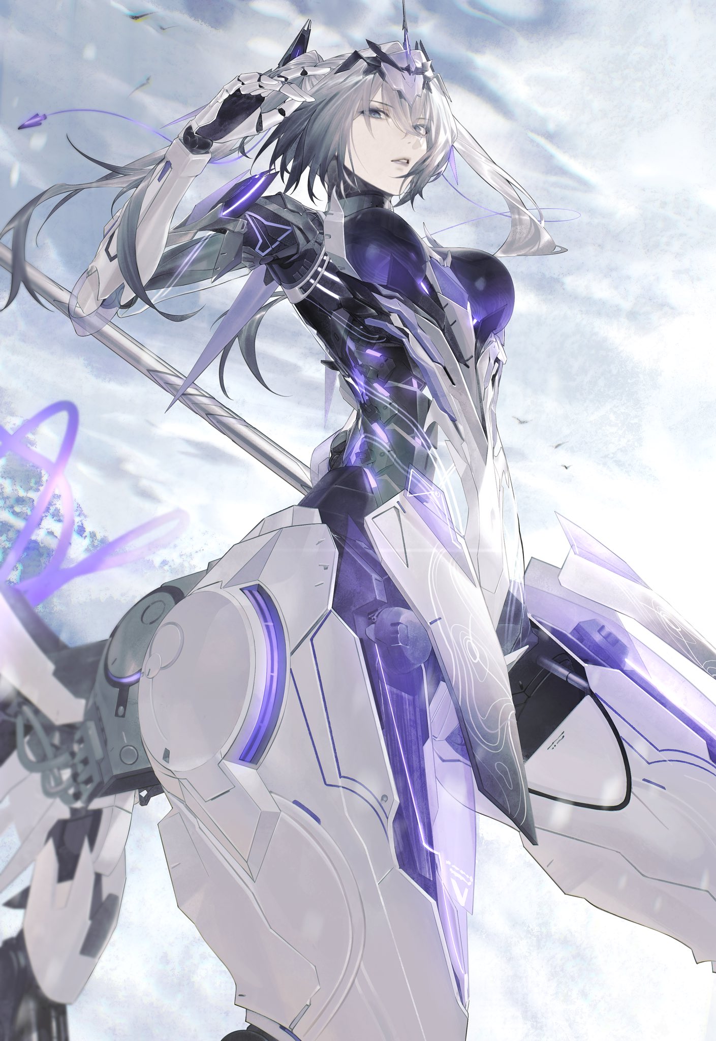 cheng (zi74438982), rosetta: rigor (pgr), rosetta (pgr), punishing: gray raven, hashtag-only commentary, highres, 1girl, above clouds, arm up, bird, breasts, cloud, cloudy sky, cyborg, flying, from below, grey hair, grey shirt, hair between eyes, hair ornament, headgear, holding, holding polearm, holding weapon, joints, looking at viewer, mecha musume, mechabare, mechanical arms, mechanical legs, mechanical wings, medium breasts, medium hair, polearm, robot joints, shirt, sidelocks, sky, solo, solo focus, spear, thick thighs, thighs, weapon, white background, wings, x hair ornament, yellow eyes