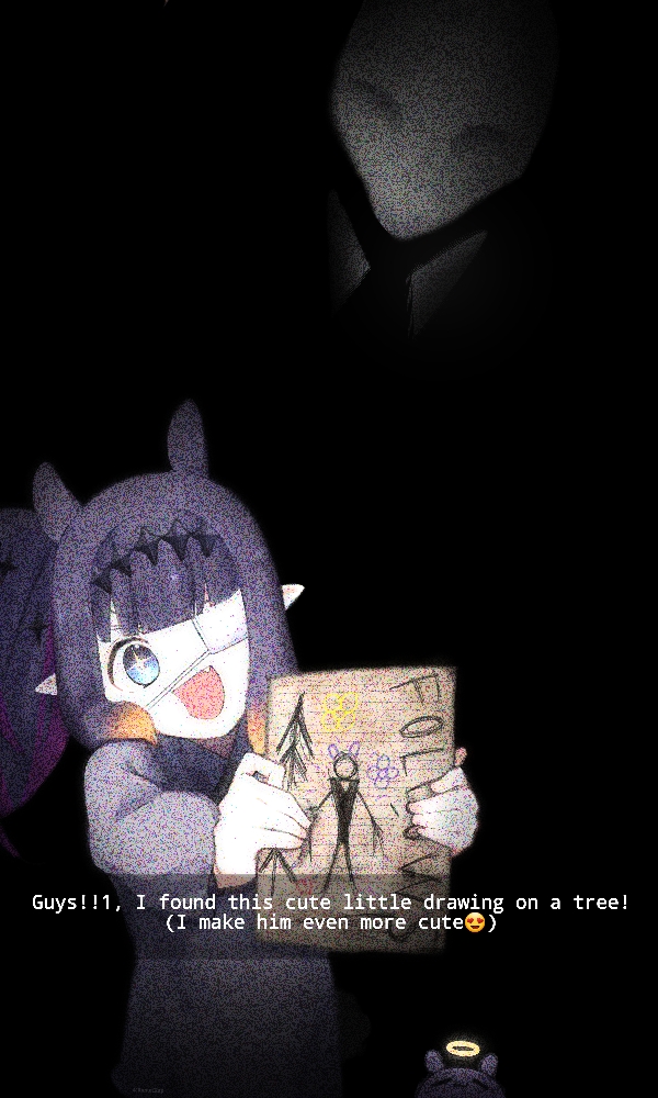 ninomae ina'nis, ninomae ina'nis (school uniform), slender man, takodachi (ninomae ina'nis), creepypasta, hololive, hololive english, commentary, english commentary, + +, 1girl, 1other, :d, aged down, black background, blue eyes, drawing (object), english text, eyepatch, fang, grey shirt, holding, holding drawing, horror (theme), medical eyepatch, open mouth, pointy ears, purple hair, rametkup, shirt, side ponytail, smile, virtual youtuber