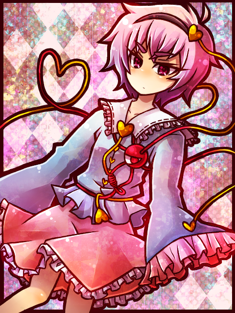 chiharudaaaaaaa, komeiji satori, touhou, artist request, bad id, bad pixiv id, 1girl, checkered background, female focus, hairband, heart, heart of string, pink eyes, pink hair, solo