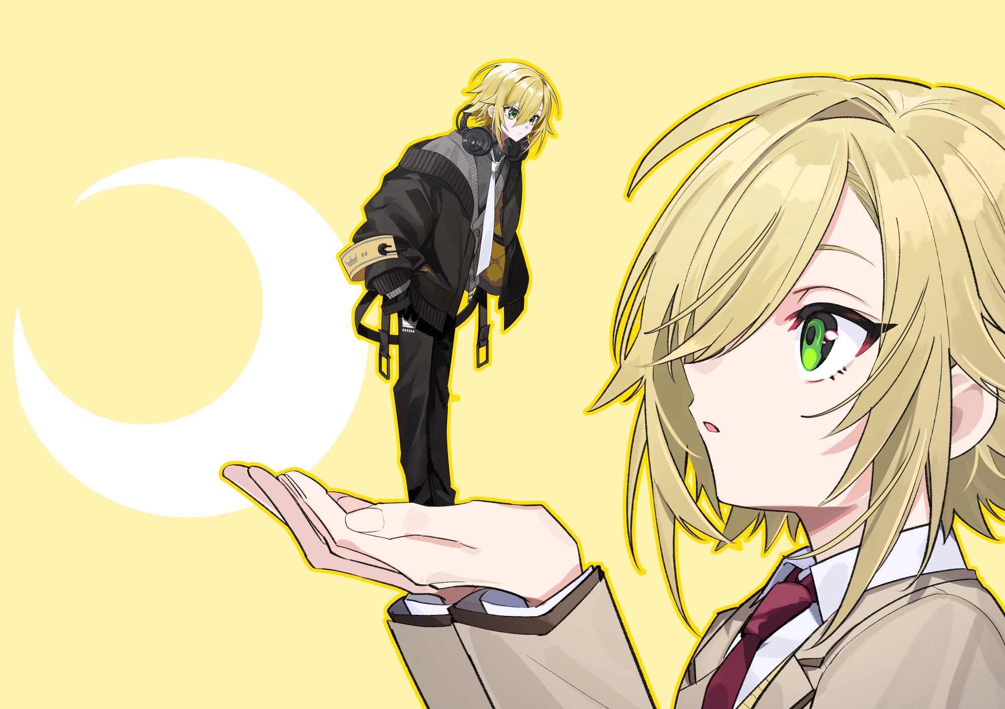 yoe777ty, uzuki kou, nijisanji, commentary request, highres, 2boys, black jacket, blazer, blonde hair, collared shirt, crescent moon, dual persona, green eyes, headphones, headphones around neck, in palm, jacket, mini person, moon, multiple boys, necktie, red necktie, shirt, short hair, virtual youtuber, yellow background