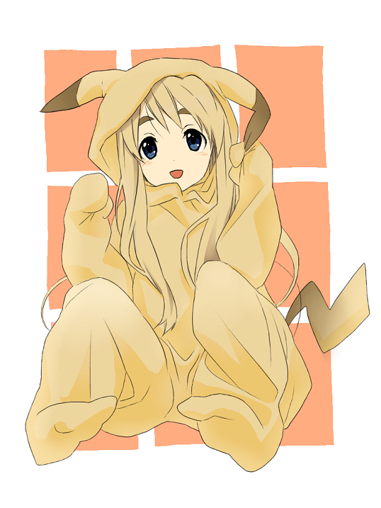 keino (midorinoko), midorinoko, kotobuki tsumugi, pikachu, k-on!, nintendo, pokemon, eyebrows, bad id, bad pixiv id, 1girl, :d, blonde hair, blue eyes, cosplay, female focus, gen 1 pokemon, kigurumi, long hair, open mouth, pikachu (cosplay), sitting, smile, solo
