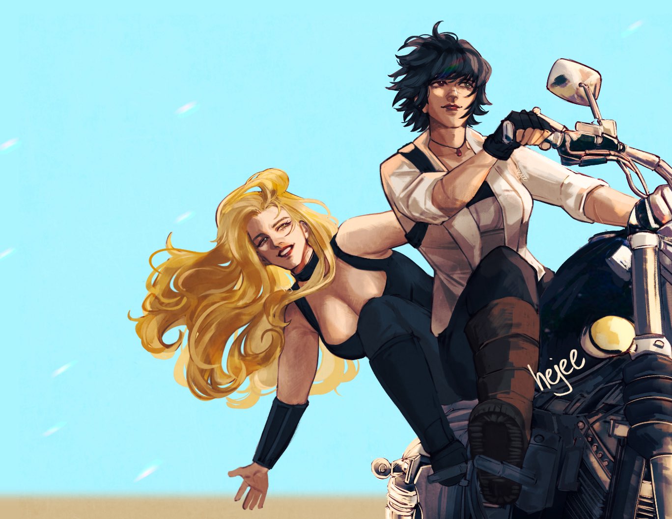 hejee, lady (devil may cry), trish (devil may cry), devil may cry (series), devil may cry 5, commentary, english commentary, 2girls, black hair, blonde hair, breasts, choker, cleavage, crop top, gloves, heterochromia, long hair, motor vehicle, motorcycle, multiple girls, on motorcycle, pants, short hair, smile