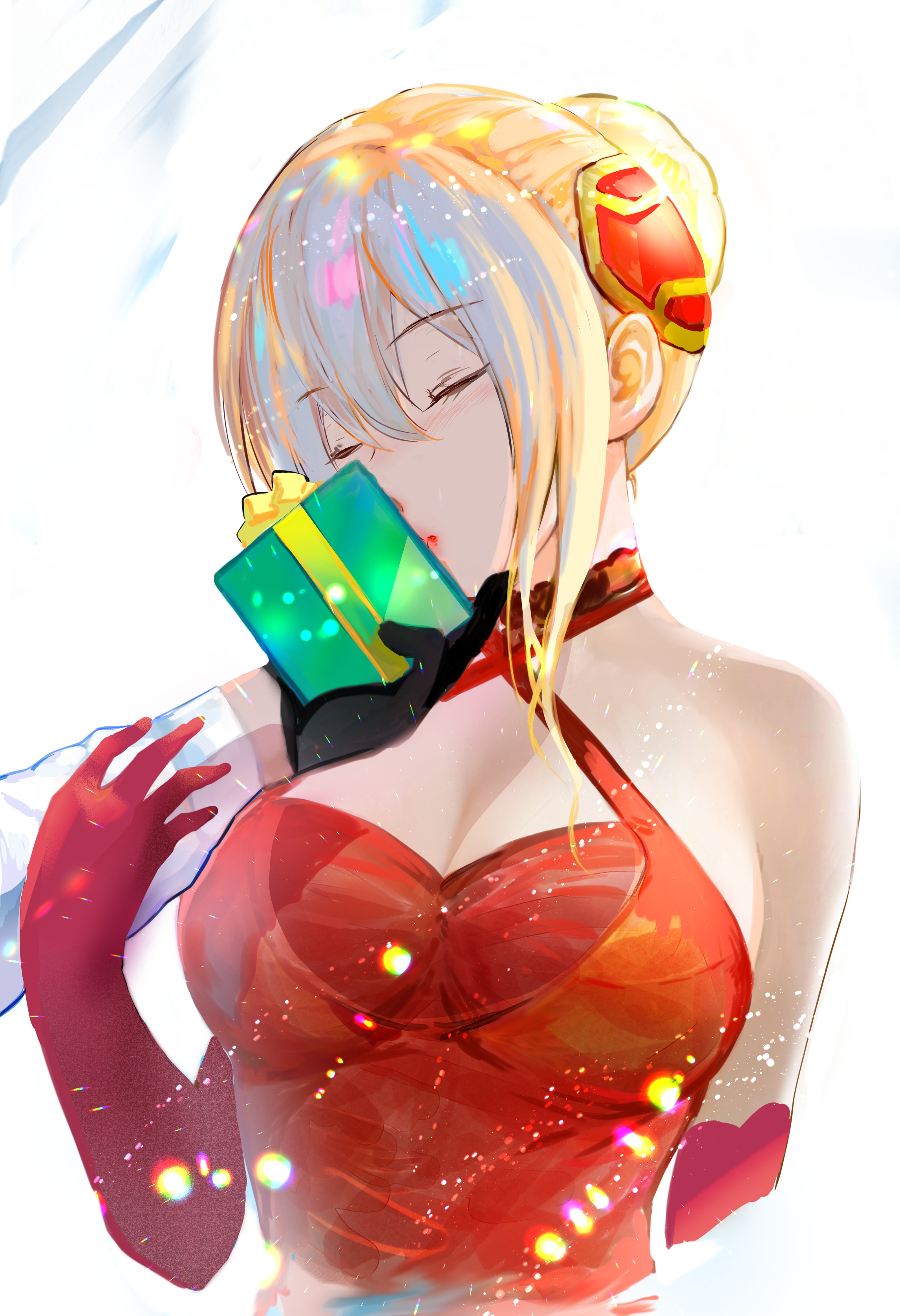 oyama sou, kayamori ruka, shirakawa yuina, heaven burns red, absurdres, commentary request, highres, 2girls, bare shoulders, black gloves, blonde hair, blush, box, breasts, cleavage, closed eyes, criss-cross halter, dress, elbow gloves, gift, gift box, gloves, hair between eyes, hair bun, hair ornament, halterneck, hand up, holding, holding gift, large breasts, long hair, multiple girls, object kiss, red dress, red gloves, sidelocks, simple background, single hair bun, sleeveless, sleeveless dress, solo focus, upper body, white background, yuri