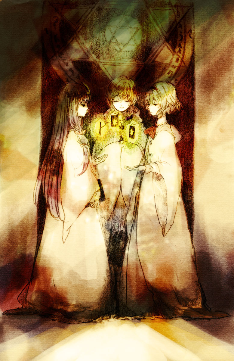 sugi, alice margatroid, kirisame marisa, patchouli knowledge, touhou, 3girls, alternate costume, blonde hair, female focus, hexagram, magic, magic circle, multiple girls, robe, star of david