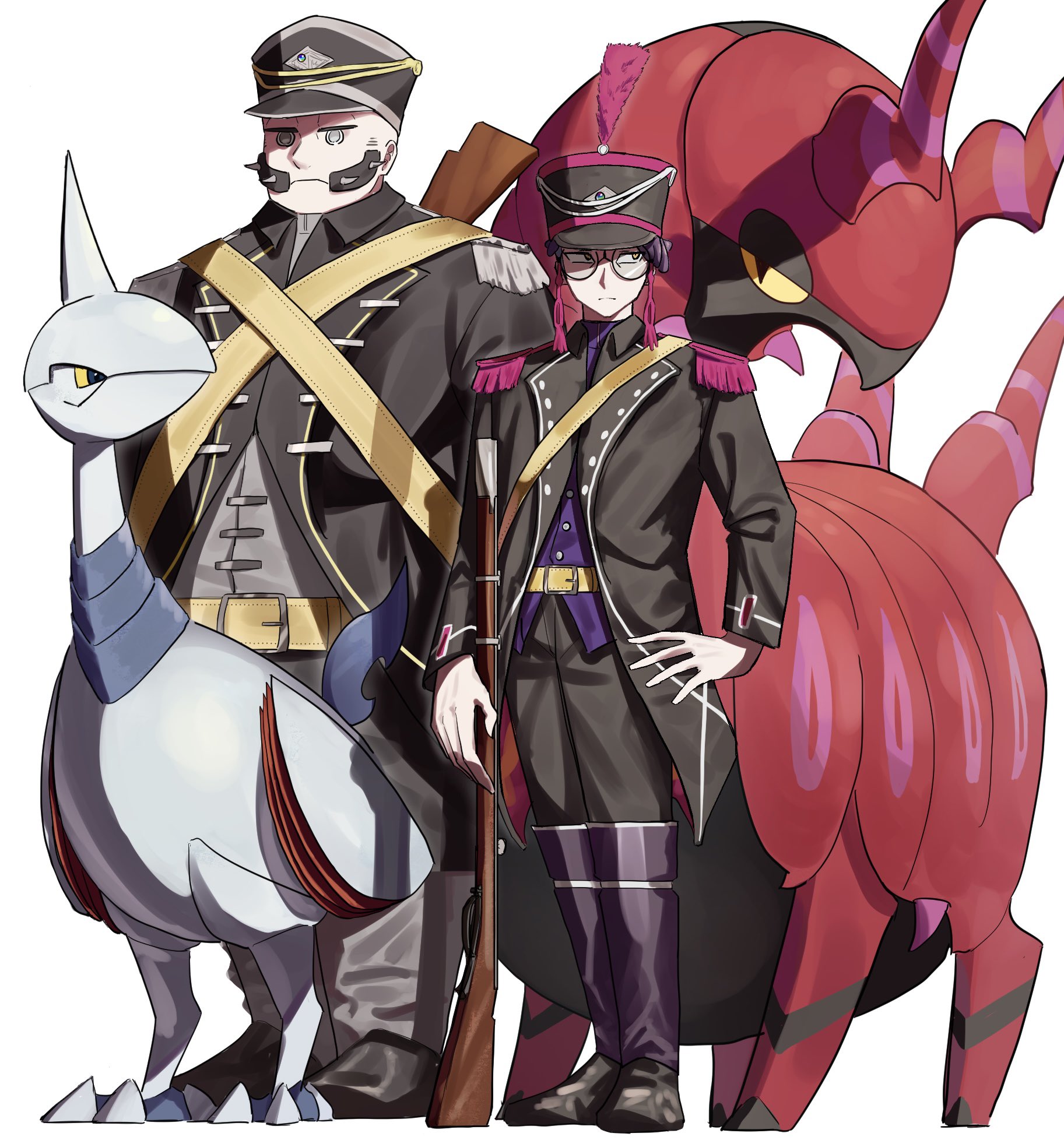 umebosi nigame, corbeau (pokemon), philippe (pokemon), scolipede, skarmory, nintendo, pokemon, pokemon legends: z-a, highres, 2boys, alternate costume, boots, buttons, closed mouth, coat, epaulettes, facial hair, frown, gen 2 pokemon, gen 5 pokemon, glasses, grey eyes, gun, hat, knee boots, long sleeves, looking to the side, male focus, military uniform, multiple boys, mutton chops, pants, pokemon (creature), rifle, round eyewear, sash, shoulder sash, standing, weapon