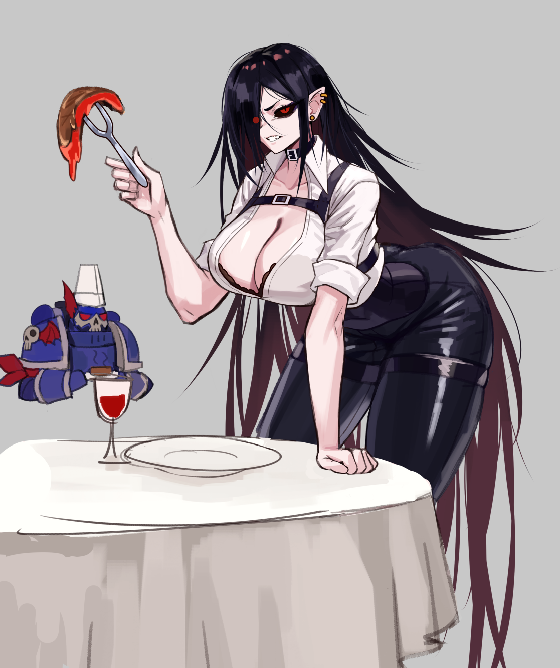 podobrick, adeptus astartes, konrad curze, warhammer 40k, commentary, english commentary, highres, 1boy, 1girl, arm support, armor, black hair, black pants, black sclera, breasts, collared shirt, colored sclera, cup, drinking glass, ear piercing, food, fork, full armor, genderswap, genderswap (mtf), grey background, holding, holding fork, large breasts, long hair, looking at viewer, low neckline, night lords, open collar, pants, pauldrons, piercing, plate, pointy ears, power armor, primarch, red eyes, shirt, shoulder armor, skin tight, sleeves rolled up, solo, steak, table, tablecloth, white shirt, wine glass