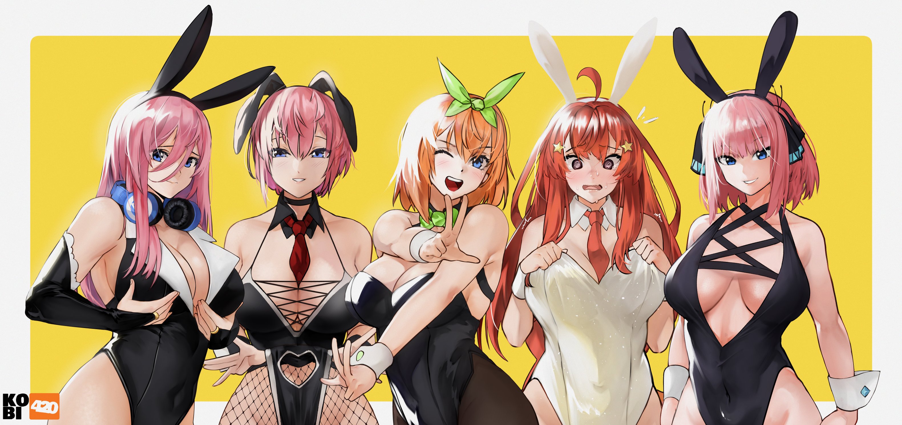 kobi420, nakano ichika, nakano itsuki, nakano miku, nakano nino, nakano yotsuba, go-toubun no hanayome, commentary, highres, symbol-only commentary, 5girls, ;d, @ @, ahoge, alternate costume, animal ears, artist logo, artist name, bare shoulders, between breasts, black choker, black leotard, black pantyhose, black ribbon, blue eyes, blush, border, bow, bowtie, breasts, bridal gauntlets, butterfly hair ornament, choker, cleavage, closed mouth, clothing cutout, covered navel, cowboy shot, detached collar, double w, embarrassed, fake animal ears, fishnet pantyhose, fishnets, green bow, green bowtie, green ribbon, hair between eyes, hair ornament, hair ribbon, headphones, headphones around neck, heart cutout, highleg, highleg leotard, large breasts, leotard, leotard lift, lifting own clothes, lips, logo, long hair, looking at viewer, medium hair, multicolored hair, multiple girls, necktie, necktie between breasts, nervous sweating, one eye closed, open mouth, orange hair, out-of-frame censoring, outside border, pantyhose, pink hair, playboy bunny, plunging neckline, purple eyes, rabbit ears, red hair, red necktie, ribbon, short hair, short necktie, simple background, smile, spaghetti strap, star (symbol), star hair ornament, streaked hair, sweat, upper body, w, wedgie, white border, white hair, white leotard, wrist cuffs, yellow background