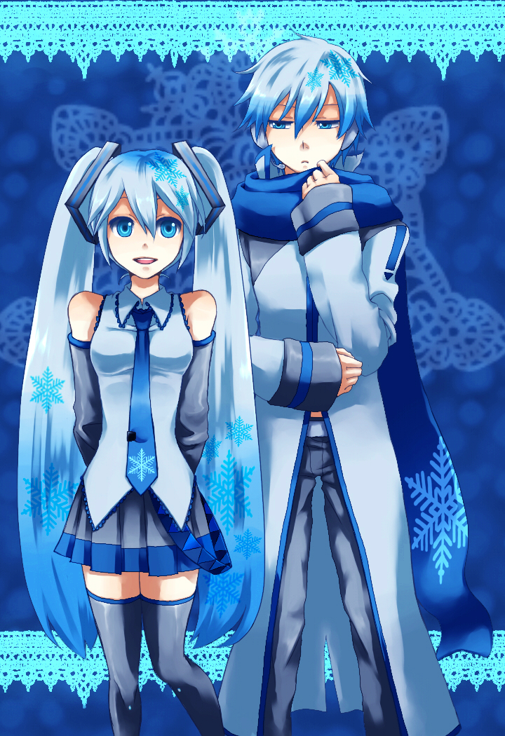 creamyya, hatsune miku, kaito (vocaloid), yuki kaito, yuki miku, vocaloid, bad id, bad pixiv id, 1boy, 1girl, alternate costume, blue eyes, blue hair, blue scarf, coat, cosplay, detached sleeves, headphones, headset, long hair, necktie, scarf, short hair, skirt, smile, snow, snowflakes, thighhighs, twintails, very long hair, yuki miku (cosplay)