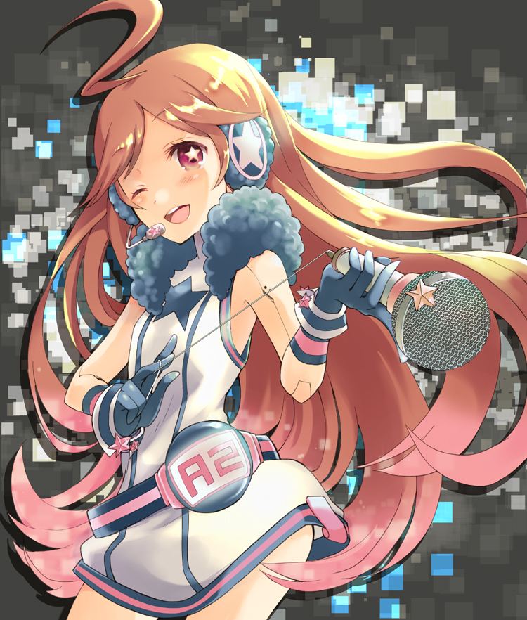 mitsuk, mitsukura chikage, sf-a2 miki, vocaloid, 1girl, ahoge, android, blush, dress, female focus, gloves, headphones, headset, joints, long hair, microphone, one eye closed, red eyes, red hair, robot joints, smile, solo, striped clothes, striped gloves, wink