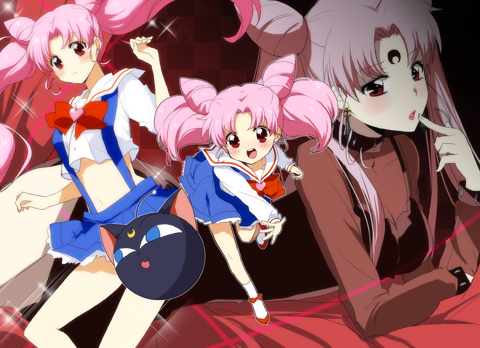 kurot, black lady (sailor moon), chibi usa, luna-p, bishoujo senshi sailor moon, bishoujo senshi sailor moon r, bishoujo senshi sailor moon supers, 1990s (style), 1girl, age comparison, aged down, aged up, brooch, cone hair bun, crescent, crescent facial mark, dark persona, double bun, earrings, facial mark, hair bun, heart, heart brooch, jewelry, long hair, multiple persona, multiple views, navel, pink hair, retro artstyle, sailor collar, see-through clothes, time paradox, twintails, undersized clothes, white sailor collar