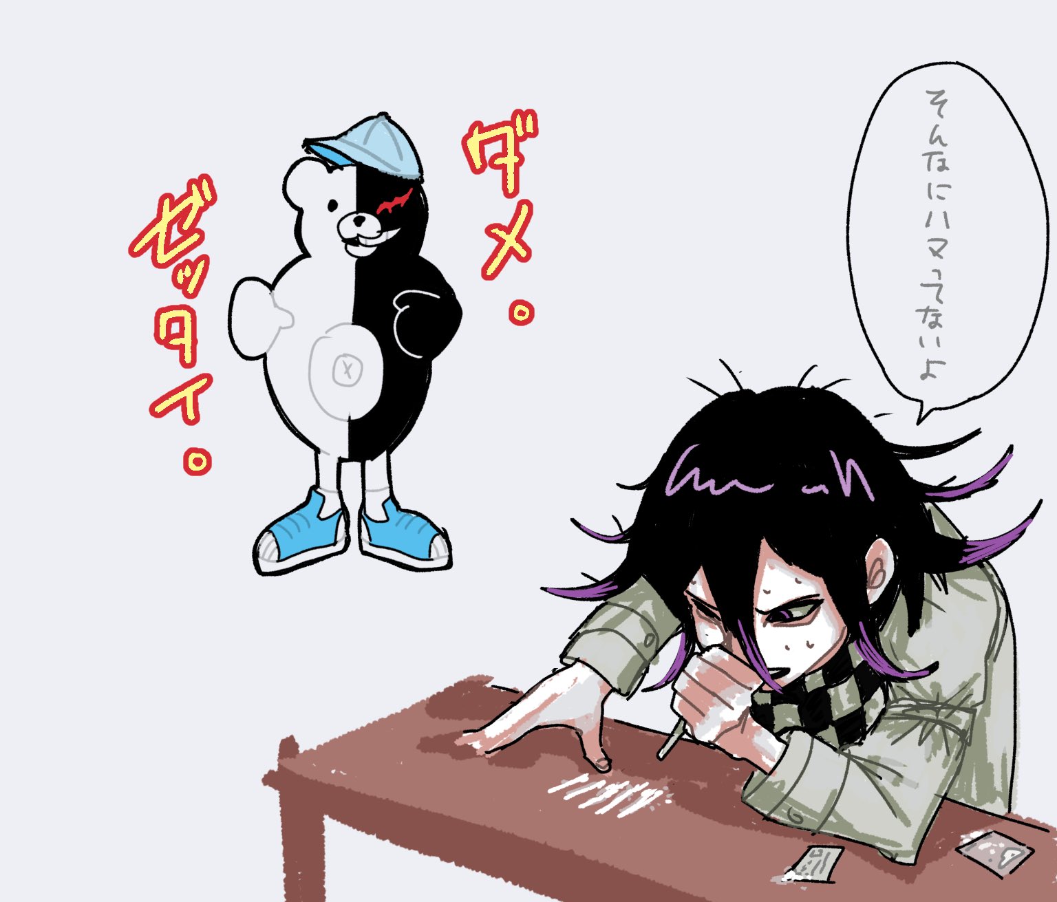 monokuma, oma kokichi, danganronpa (series), danganronpa v3: killing harmony, commentary request, highres, partial commentary, translation request, 1boy, aegyo sal, black hair, checkered clothes, checkered scarf, cocaine, drinking straw, drugs, flipped hair, hair between eyes, holding, holding drinking straw, leaning forward, long sleeves, male focus, one eye closed, ousimauma, pale skin, powder, purple eyes, purple hair, scarf, short hair, simple background, snorting, speech bubble, sweat, table, two-tone scarf, white background