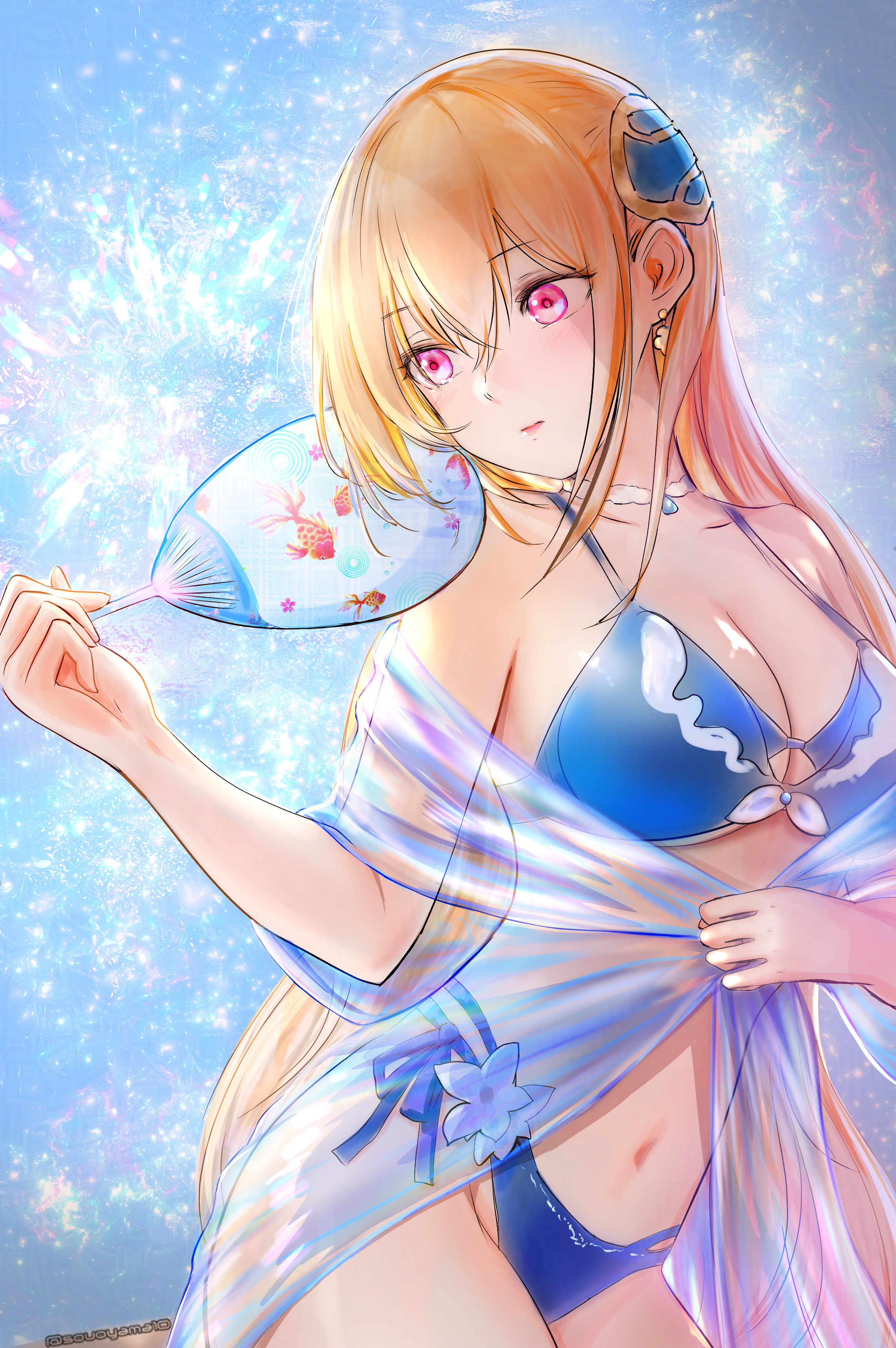 oyama sou, shirakawa yuina, heaven burns red, absurdres, commentary request, highres, 1girl, bikini, blonde hair, blue bikini, breasts, cleavage, closed mouth, collarbone, cowboy shot, earrings, flower, hand fan, hand up, head tilt, holding, holding fan, jewelry, large breasts, lips, long hair, looking to the side, multi-strapped bikini bottom, navel, official alternate costume, red eyes, see-through clothes, sidelocks, solo, stomach, swimsuit, twitter username, very long hair, white flower