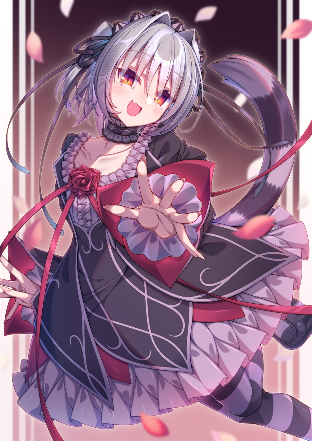 mate (oktavia1121), naitou maia, hapymaher, commentary request, highres, 1girl, blush, choker, dress, flat chest, flower, frilled choker, frills, gothic lolita, grey hair, hair intakes, lolita fashion, looking at viewer, open mouth, orange eyes, petals, reaching, reaching towards viewer, red flower, red rose, rose, short hair, slit pupils, smile, solo, striped clothes, striped thighhighs, tail, thighhighs