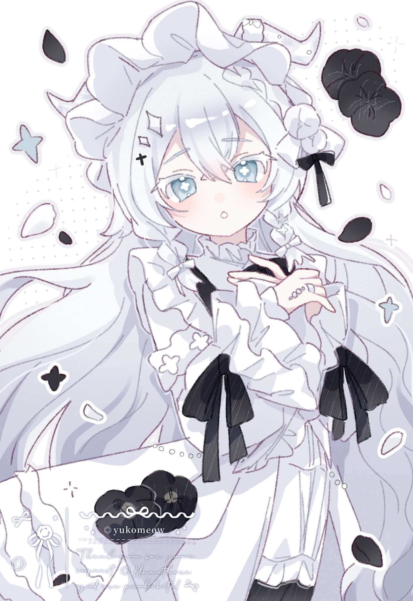 yukomeow, original, commentary, commission, highres, vgen commission, 1girl, black ribbon, blue eyes, blush, cowboy shot, double-parted bangs, dress, hair between eyes, hat, long hair, long sleeves, looking at viewer, parted lips, ribbon, simple background, solo, watermark, white background, white dress, white hair, white hat
