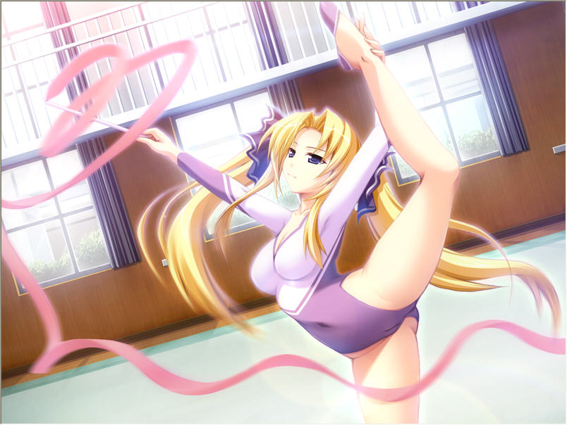 sasahiro, sendou maki, happy wardrobe, game cg, 1girl, blonde hair, breasts, cameltoe, covered navel, female focus, gymnastics, leg lift, leg up, leotard, long hair, long sleeves, rhythmic gymnastics, ribbon, solo, standing, standing on one leg, twintails