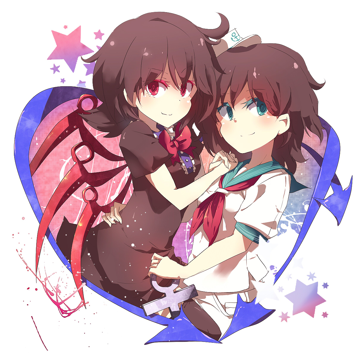 hisona (suaritesumi), houjuu nue, murasa minamitsu, touhou, bad id, bad pixiv id, highres, 2girls, anchor, aqua eyes, arm around waist, asymmetrical wings, black hair, bow, bowtie, brown hair, female focus, green eyes, hand on own hip, hat, heart, multiple girls, red eyes, sailor, sailor hat, short hair, smile, wings