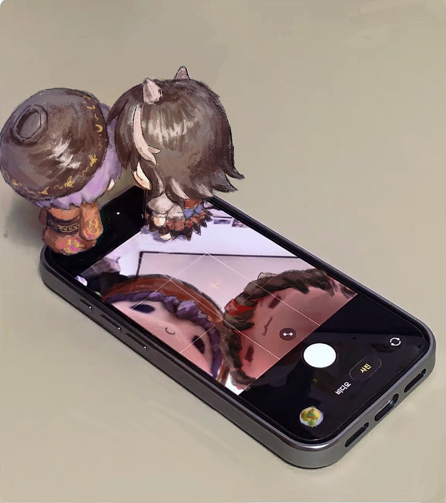 kijin seija, sukuna shinmyoumaru, touhou, 2girls, :3, black dress, black hair, blue bow, bow, bowl, bowl hat, chibi, chibi only, dress, figures taking selfie (meme), filia (sonzione807560), from behind, full body, hat, horns, japanese clothes, kimono, long sleeves, medium hair, meme, mini person, minigirl, multicolored dress, multicolored hair, multiple girls, obi, oversized object, puffy short sleeves, puffy sleeves, purple hair, red dress, red hair, red kimono, sash, selfie, short sleeves, sleeves past fingers, sleeves past wrists, standing on object, two-tone hair, user interface, viewfinder, waist bow, white dress, white hair, wide shot