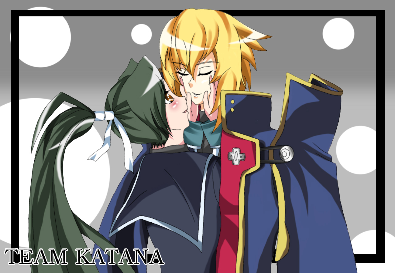 kisaragi jin, tokinomiya kamui, aq interactive, arc system works, arcana heart, atlus, blazblue, blazblue: calamity trigger, examu, m.u.g.e.n, bad id, bad pixiv id, 1boy, blonde hair, blush, brown eyes, crossover, green hair, military, military uniform, school uniform, serafuku