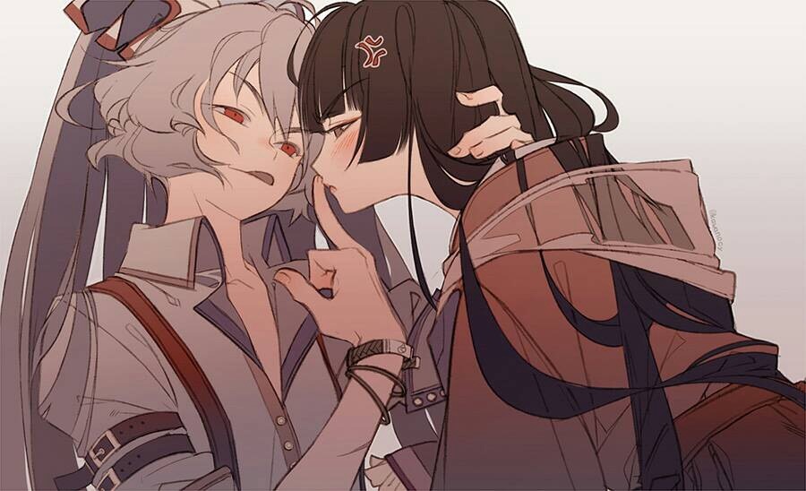 kawacy, fujiwara no mokou, houraisan kaguya, touhou, commentary, english commentary, 2girls, anger vein, black hair, bow, grey hair, hair bow, hair ribbon, hat, hime cut, long hair, long sleeves, middle finger, multiple girls, pants, pink shirt, red eyes, ribbon, shirt, very long hair, white hair