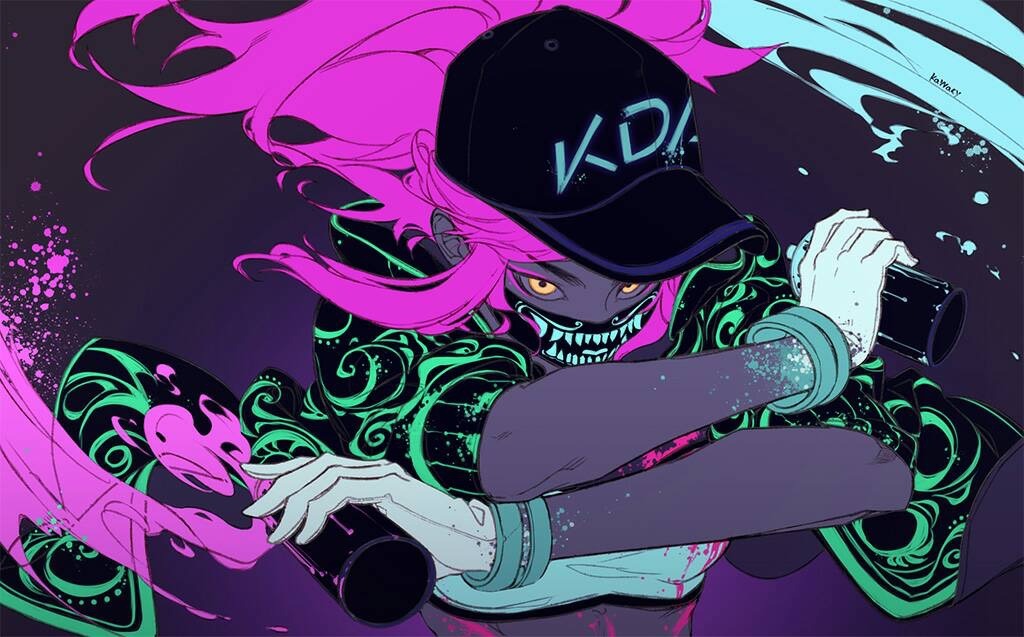 kawacy, akali, k/da (league of legends), k/da akali, league of legends, commentary request, duplicate, 1girl, baseball cap, dual wielding, gloves, hat, holding, idol, jacket, long hair, mask, mouth mask, paint splatter, pink hair, raver, sleeves pushed up, solo, spray paint, ultraviolet light, white gloves, yellow eyes