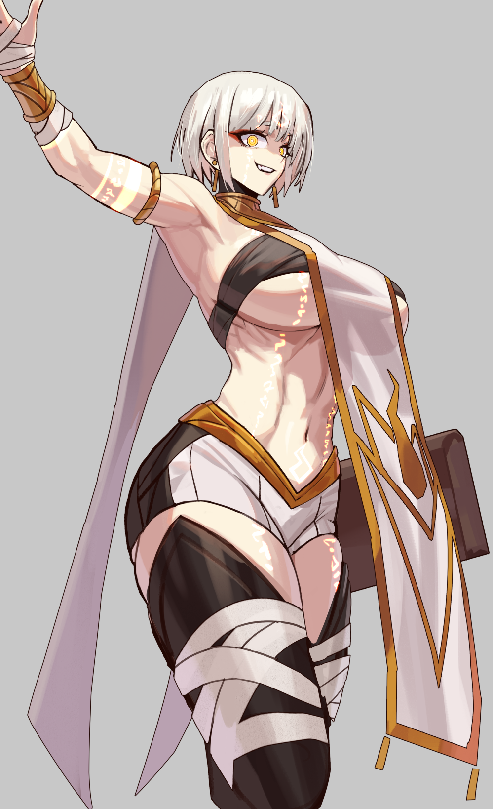 podobrick, lorgar aurelian, warhammer 40k, commentary, english commentary, highres, 1girl, @ @, arm tattoo, bandages, blonde hair, bracer, breasts, chest sarashi, earrings, eyeshadow, facial tattoo, full-body tattoo, genderswap, genderswap (mtf), grey background, jewelry, large breasts, looking at viewer, makeup, midriff, navel, primarch, red eyeshadow, sarashi, see-through tabard, shorts, smirk, solo, tabard, tattoo, toned, toned female, white hair, white shorts, word bearers