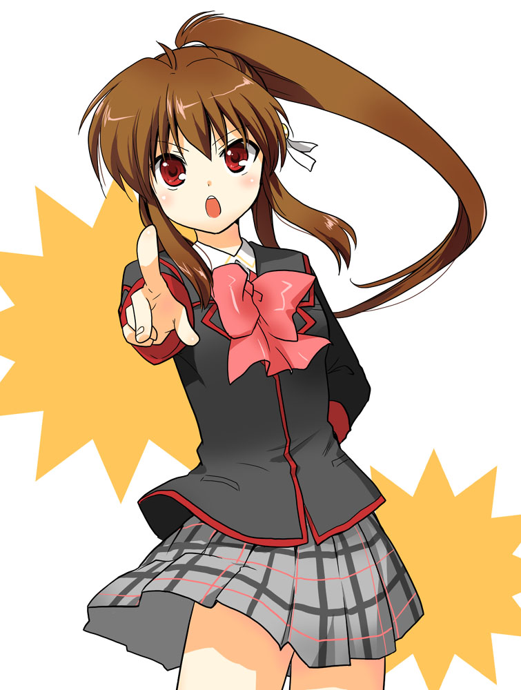 misaki juri, natsume rin, little busters!, 1girl, :o, bow, brown hair, female focus, foreshortening, long hair, open mouth, pink bow, plaid clothes, plaid skirt, pointing, ponytail, red eyes, school uniform, skirt, solo