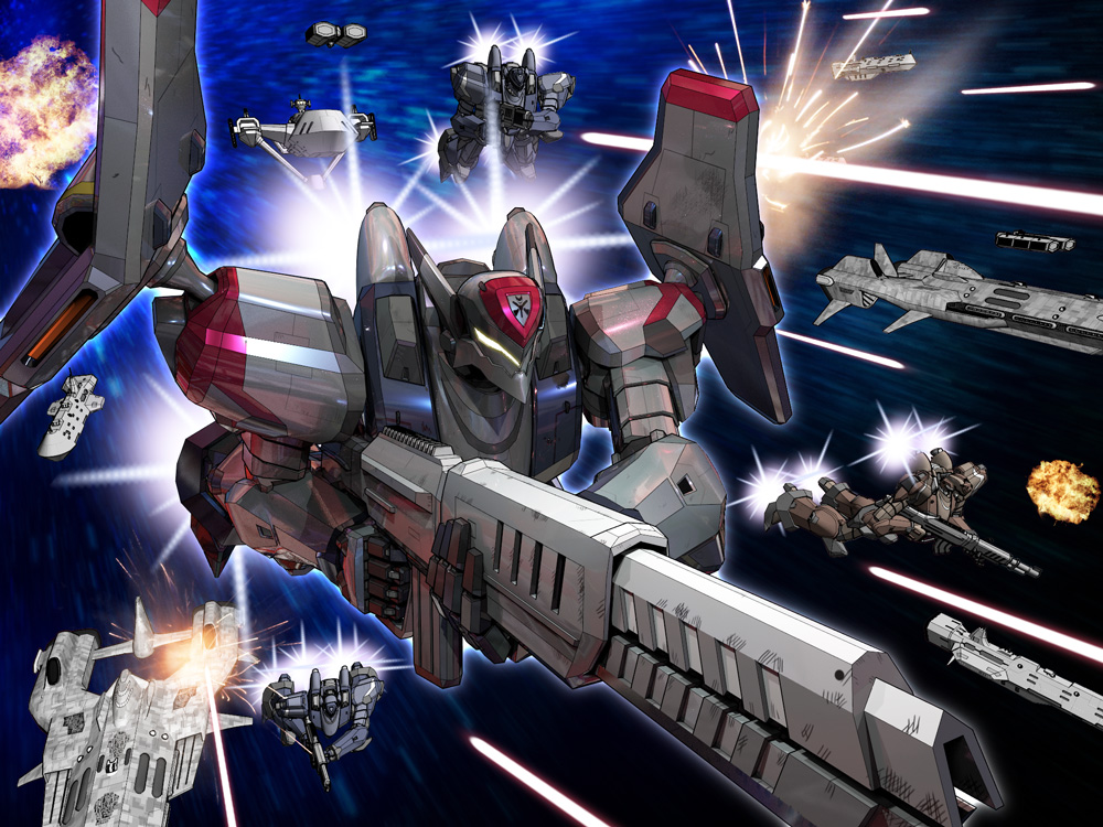 shu (la-placetick), original, commentary request, 3d, battle, energy beam, energy gun, explosion, gun, holding, holding gun, holding weapon, mecha, mecha focus, motion lines, robot, space, spacecraft, speed lines, thrusters, two-handed, weapon