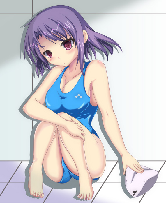 mochi no suke, original, bad id, bad pixiv id, 1girl, bad anatomy, bad feet, barefoot, breasts, competition swimsuit, feet, female focus, full body, one-piece swimsuit, poorly drawn, purple hair, red eyes, short hair, sitting, solo, swim cap, swimsuit