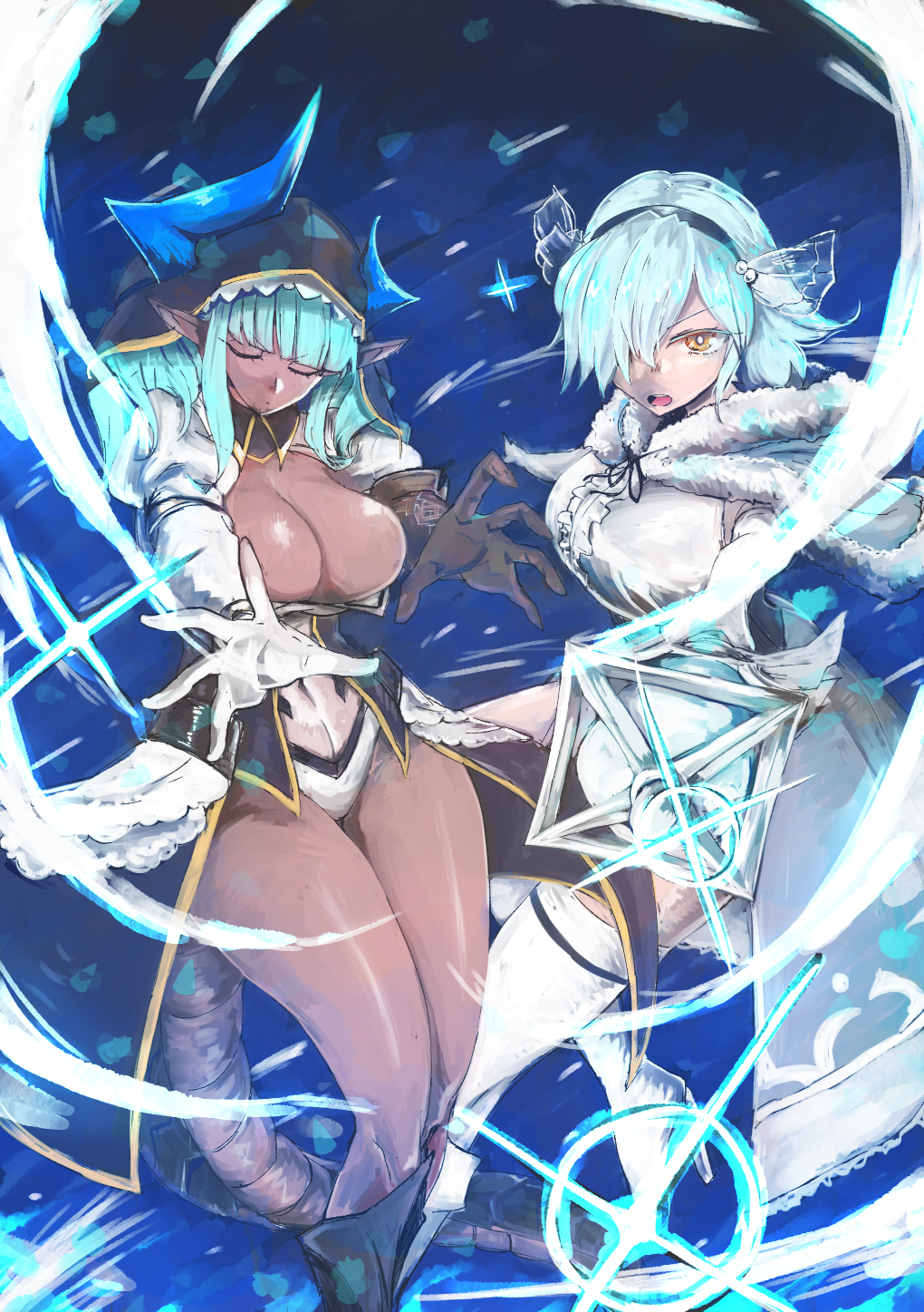 bloody girl, pixiv fantasia, pixiv fantasia last saga, commentary request, highres, 2girls, asymmetrical horns, blue background, blue hair, blue horns, blunt bangs, breasts, brown gloves, cleavage, closed eyes, coat, dark-skinned female, dark skin, freezer (pixiv fantasia last saga), glint, gloves, hair over one eye, holding, holding wand, hood, hood down, horns, large breasts, magic, magna elixiel, multiple girls, pointy ears, short hair, sparkle, tail, thighhighs, wand, white gloves, white thighhighs, yellow eyes