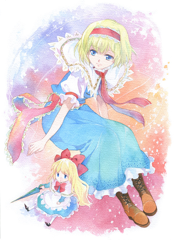 agahari, alice margatroid, shanghai doll, touhou, bad id, bad pixiv id, painting (medium), traditional media, watercolor (medium), 1girl, blonde hair, blue eyes, boots, capelet, embellished costume, female focus, hairband, invisible chair, kunai, long skirt, necktie, ribbon, sash, short hair, sitting, skirt, smile, solo, weapon
