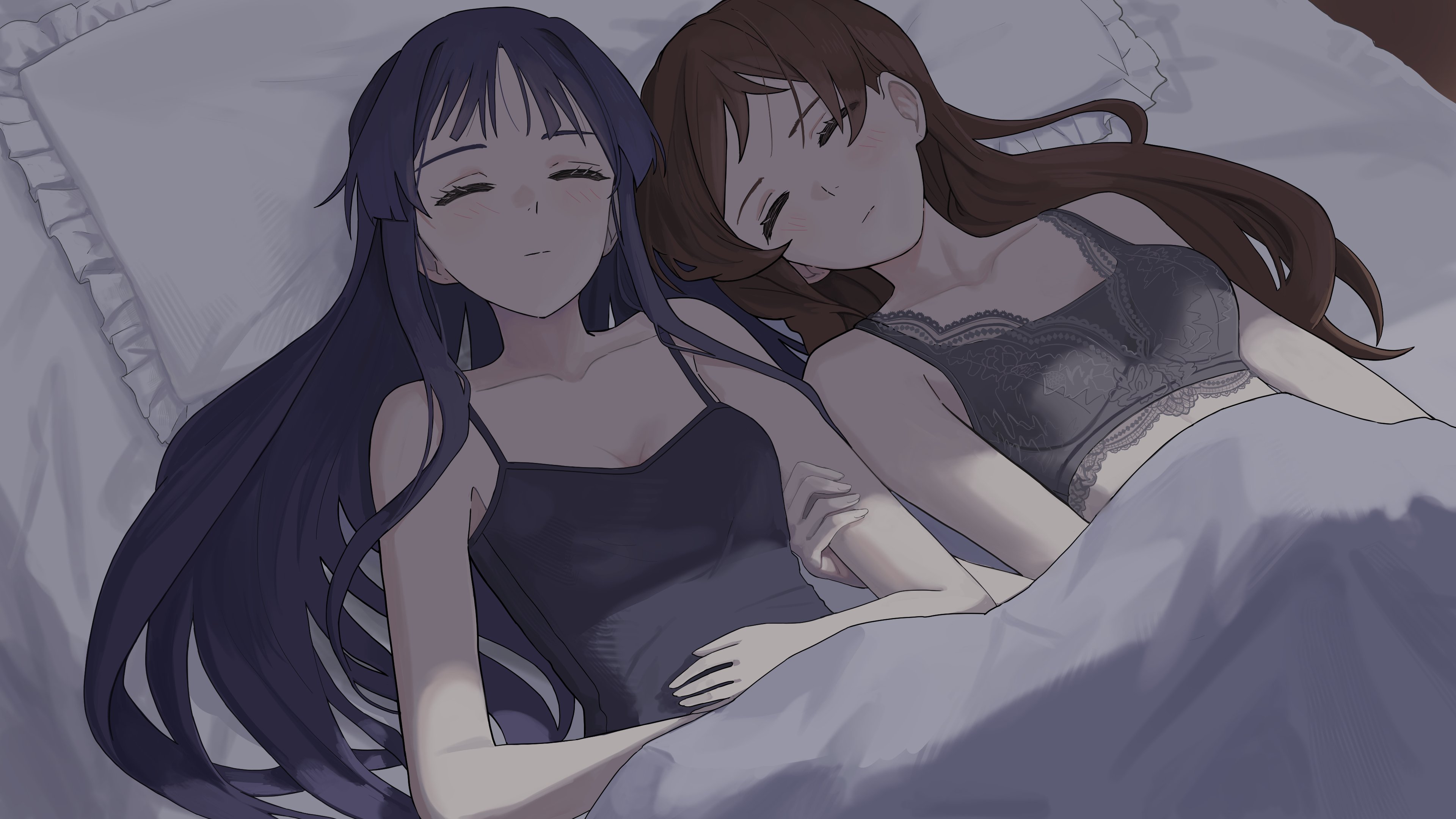 epitaph (1122), kitazawa shiho, mogami shizuka, idolmaster, idolmaster million live!, absurdres, highres, 2girls, black camisole, black hair, bra, breasts, brown hair, camisole, closed eyes, closed mouth, collarbone, grey bra, hand on another's arm, indoors, long hair, lying, multiple girls, on back, on bed, sleeping, under covers, underwear