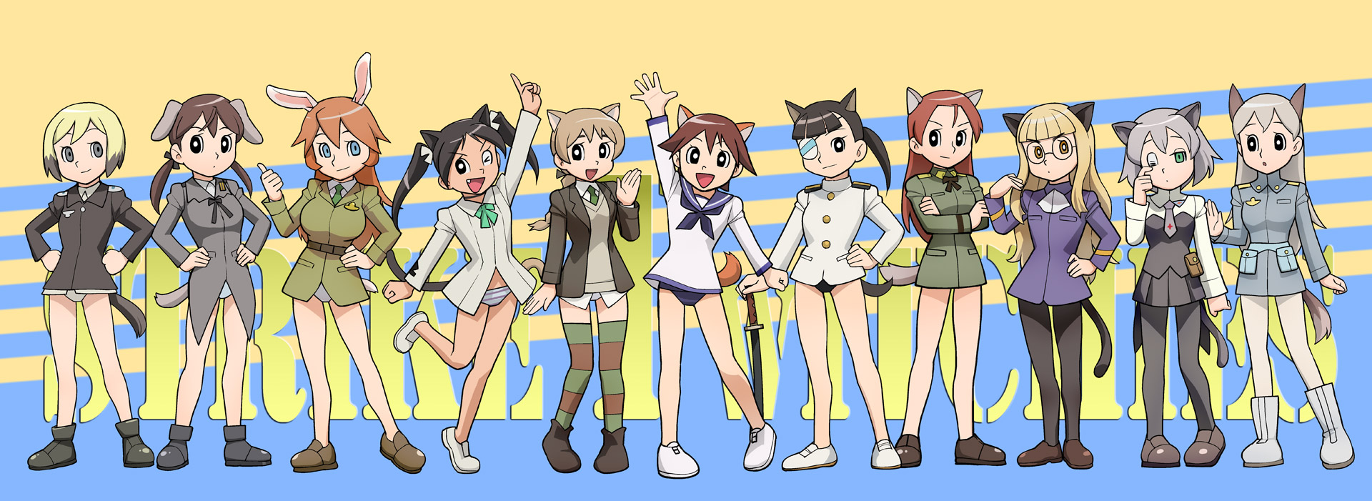 ueyama michirou, charlotte e. yeager, eila ilmatar juutilainen, erica hartmann, francesca lucchini, gertrud barkhorn, lynette bishop, minna-dietlinde wilcke, miyafuji yoshika, perrine h. clostermann, sakamoto mio, sanya v. litvyak, doraemon, strike witches, world witches series, uniform, highres, long image, wide image, 6+girls, animal ears, black pantyhose, bottomless, fujiko f fujio (style), multiple girls, no pants, panties, pantyhose, parody, rabbit girl, rabbit tail, style parody, tail, topless female, underwear