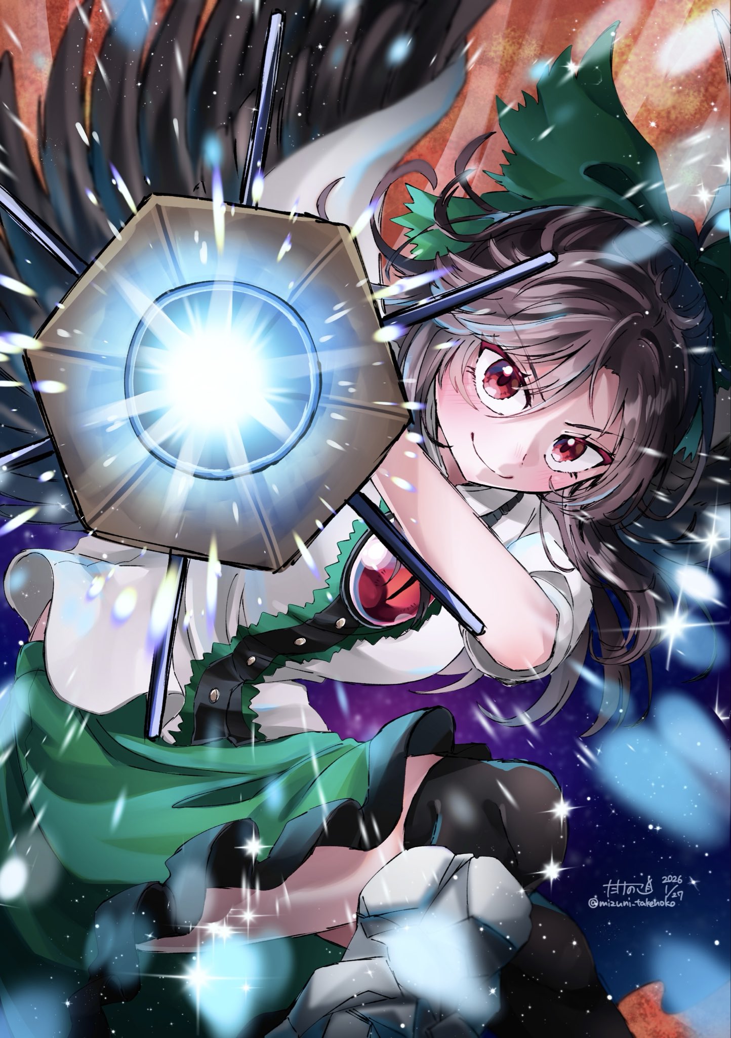 mizuni takenoko, reiuji utsuho, touhou, commentary request, highres, 1girl, black thighhighs, bow, brown hair, frills, green bow, green skirt, long hair, looking at viewer, red eyes, shirt, short sleeves, skirt, smile, solo, thighhighs, third eye on chest, white shirt